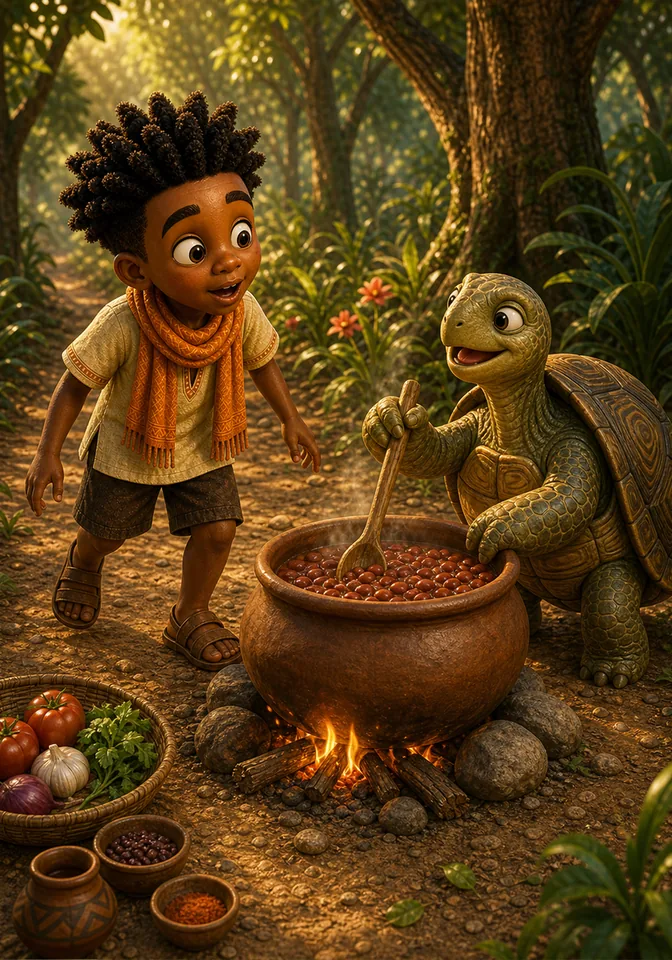 Kweku discovers Turtle stirring beans in a clay pot in a sunny clearing.