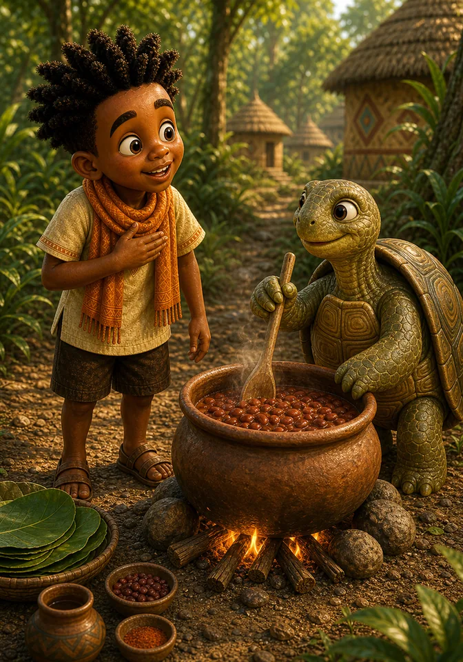 Kweku cheerfully praises Turtle’s pot of beans.