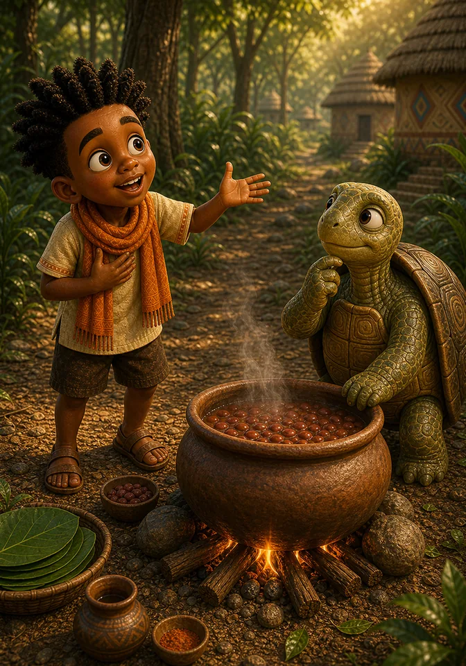 Kweku offers Turtle stories in exchange for a small bowl of beans.