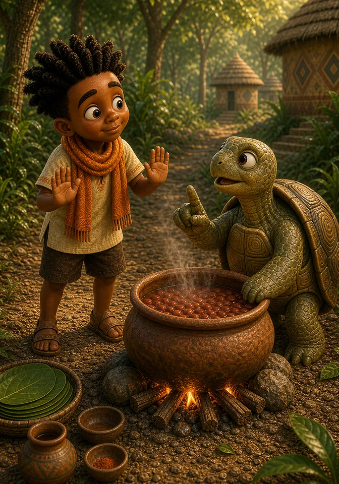 Turtle gives Kweku a calm warning to keep his hands away from the pot.