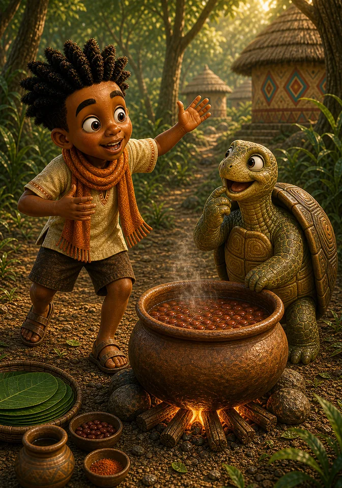 Kweku tells a funny story while inching toward the cooking pot.