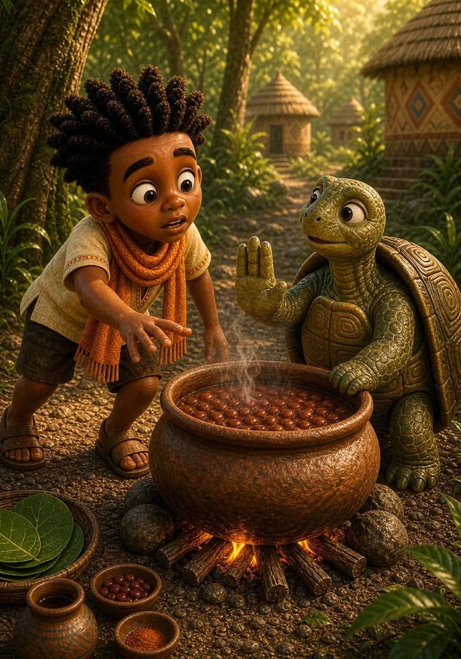 Turtle calmly stops Kweku before he reaches the hot pot.