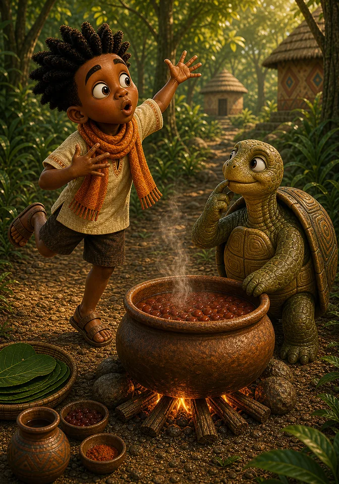 Kweku performs another silly story while Turtle watches the pot wisely.