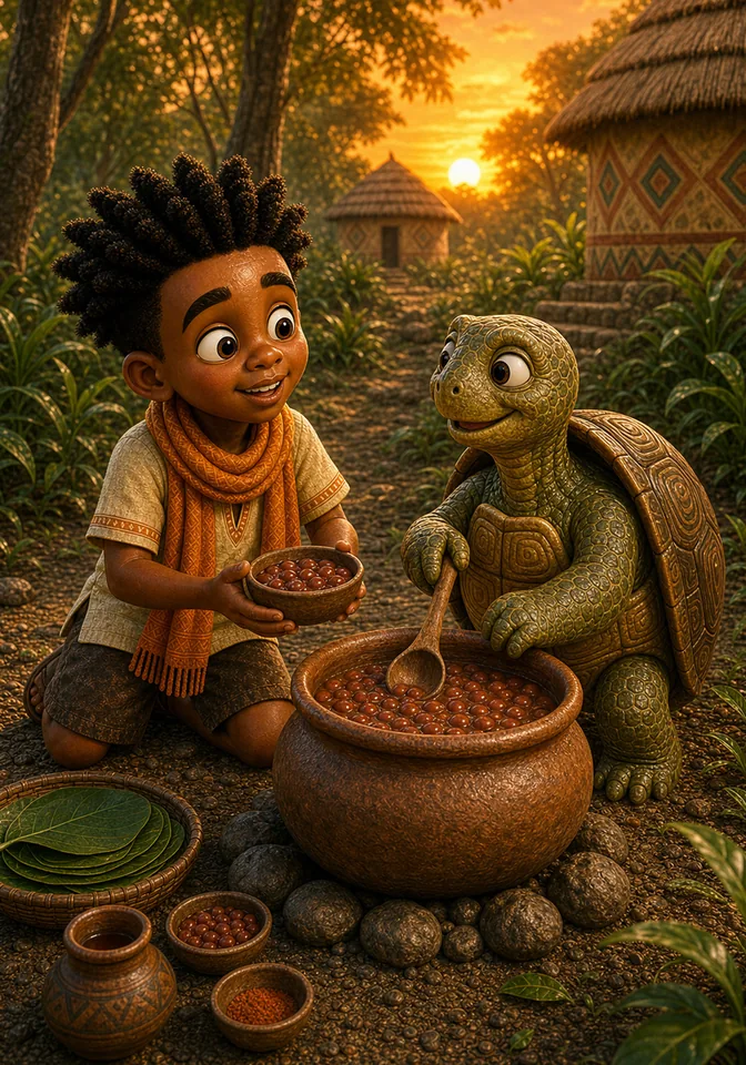 Kweku helps Turtle serve the beans and gratefully enjoys a shared bowl.