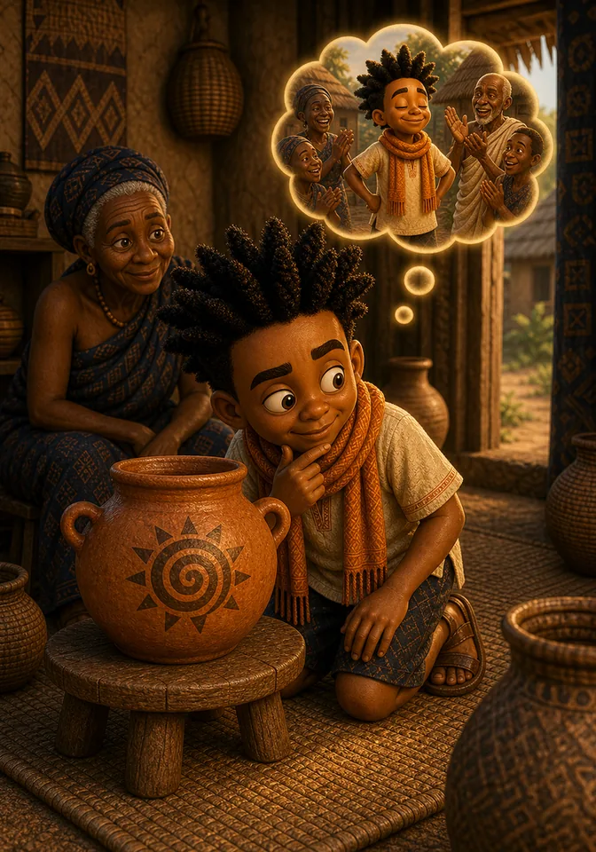 Kweku looks at the sun-marked pot with a secret plan.