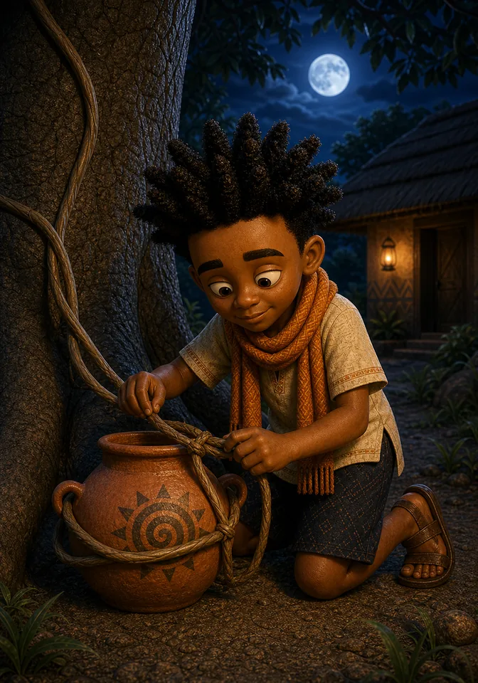 Kweku ties a vine around the pot near a baobab tree.