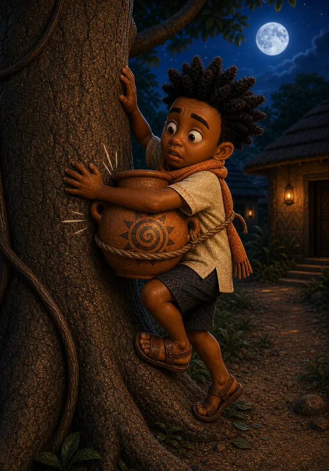 Kweku tries to climb with the pot tied to his tummy.