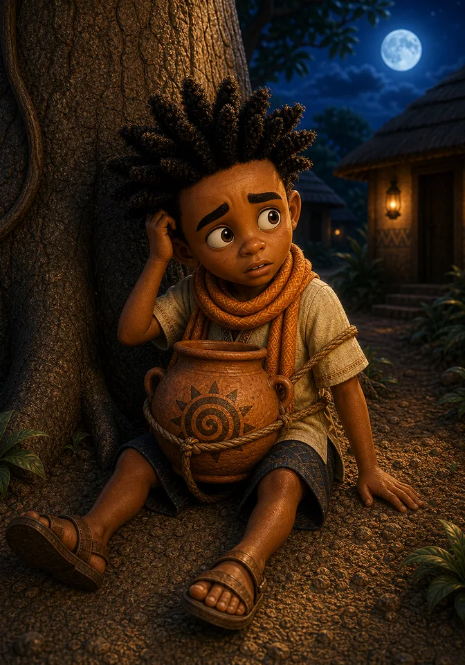 Kweku sits tired at the base of the tree.