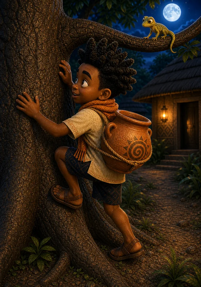Kweku climbs with the pot tied to his back.