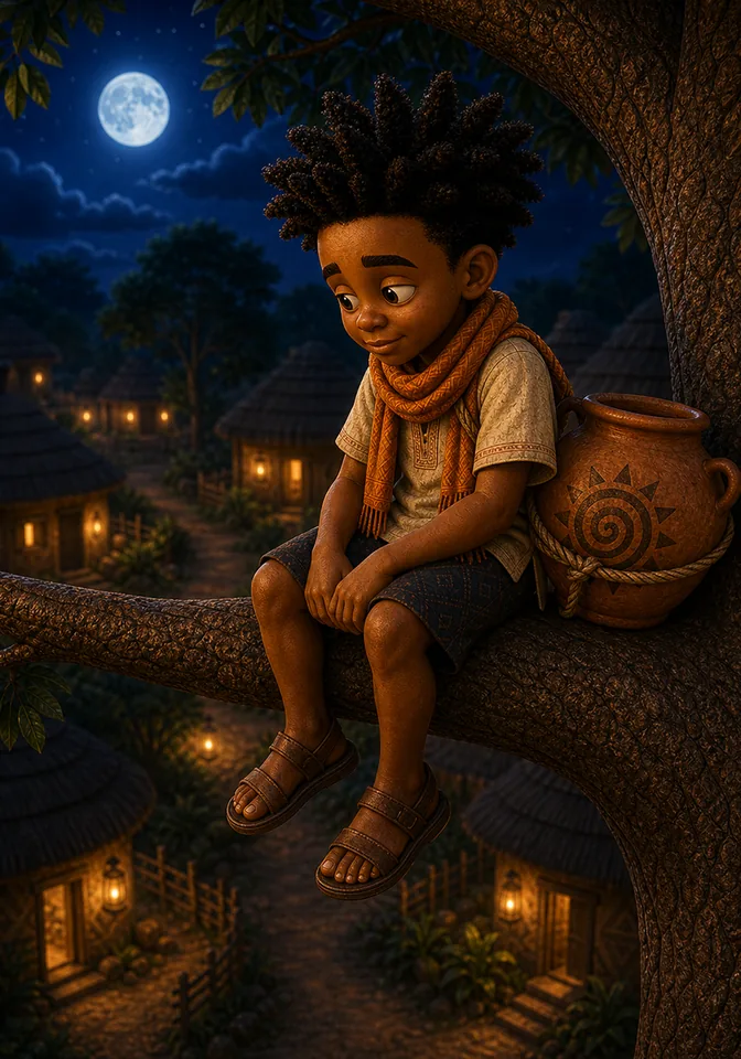 Kweku looks over the village from a safe branch.