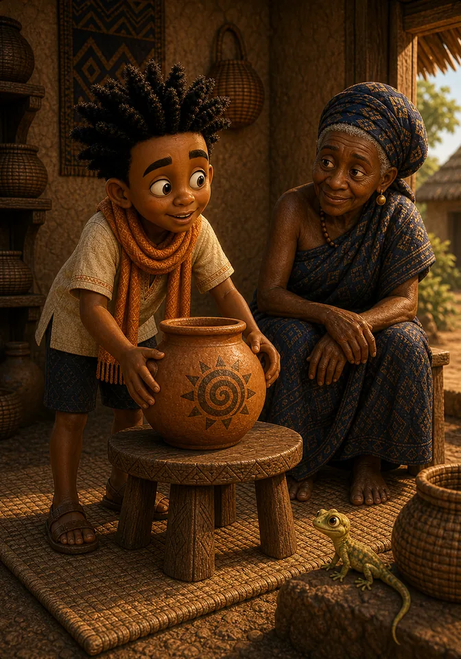 Kweku returns the pot and asks Grandma Nana for a story.