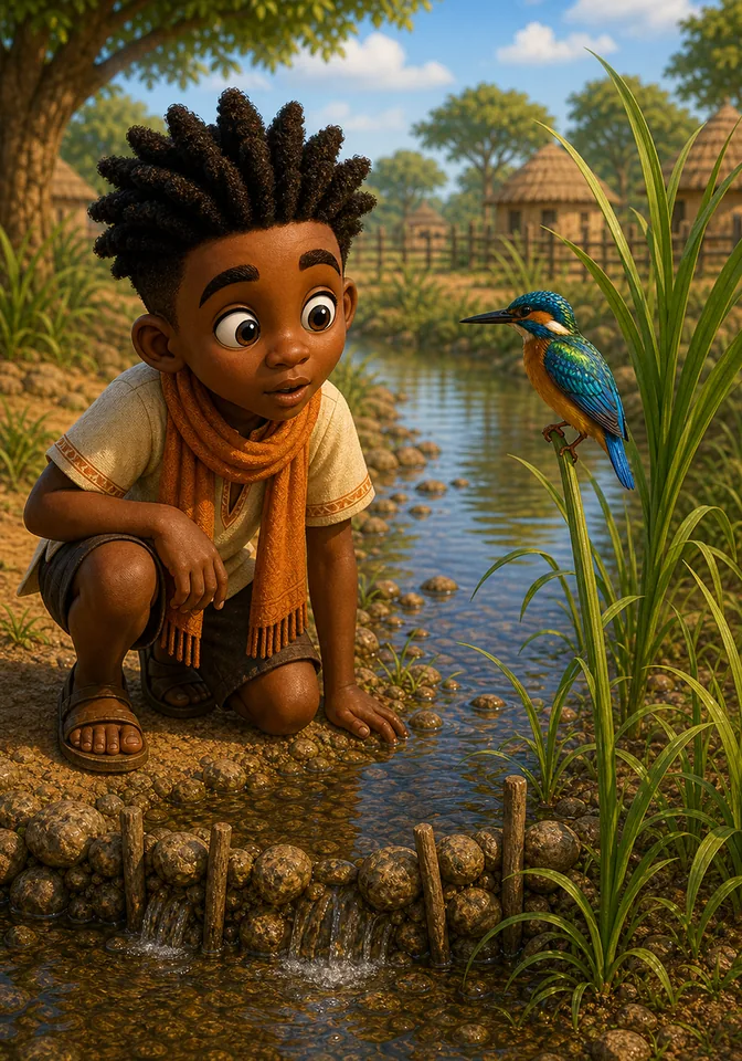 Illustration for Kweku Anansi and the River's Reflection, page 5