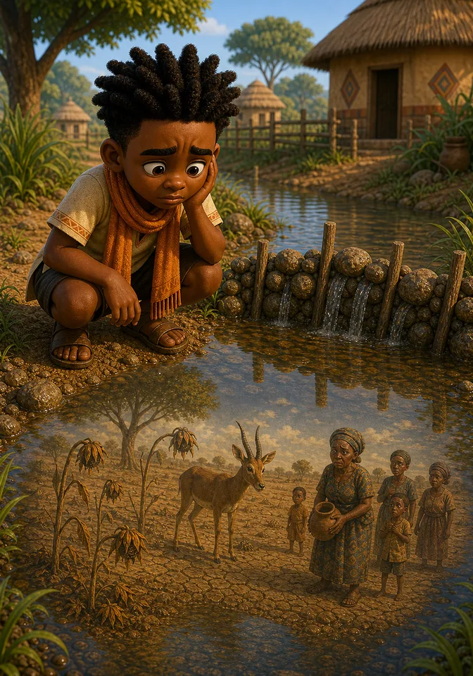 Illustration for Kweku Anansi and the River's Reflection, page 6