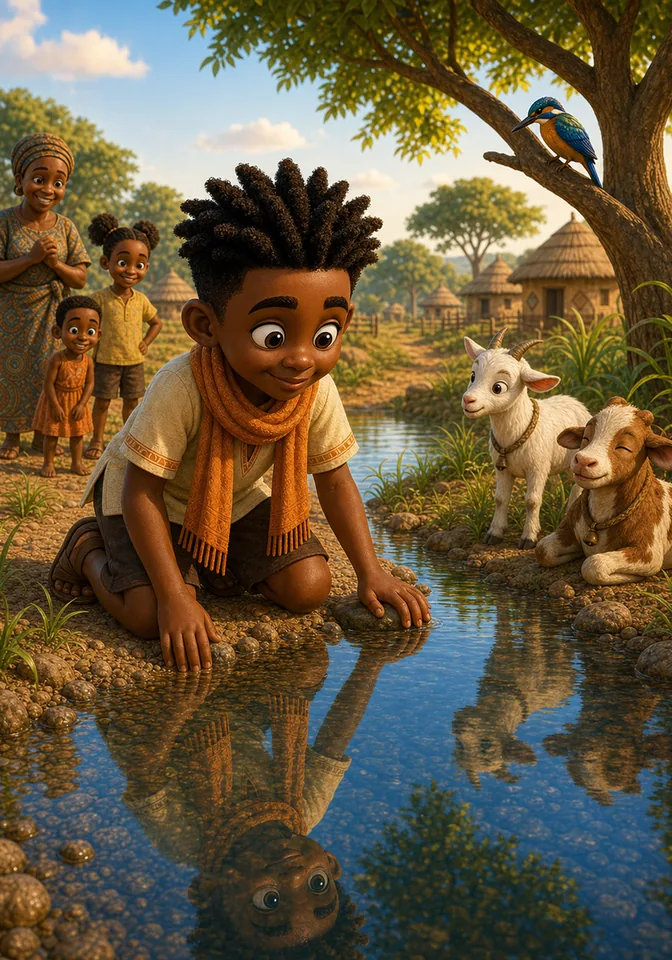 Illustration for Kweku Anansi and the River's Reflection, page 10