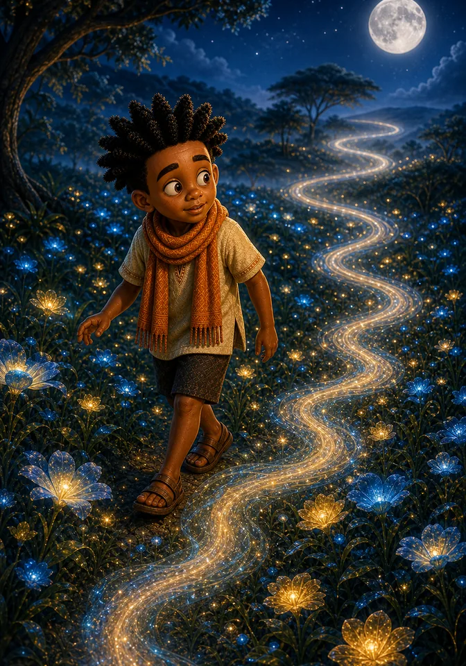 Kweku follows the melody into a glowing meadow.
