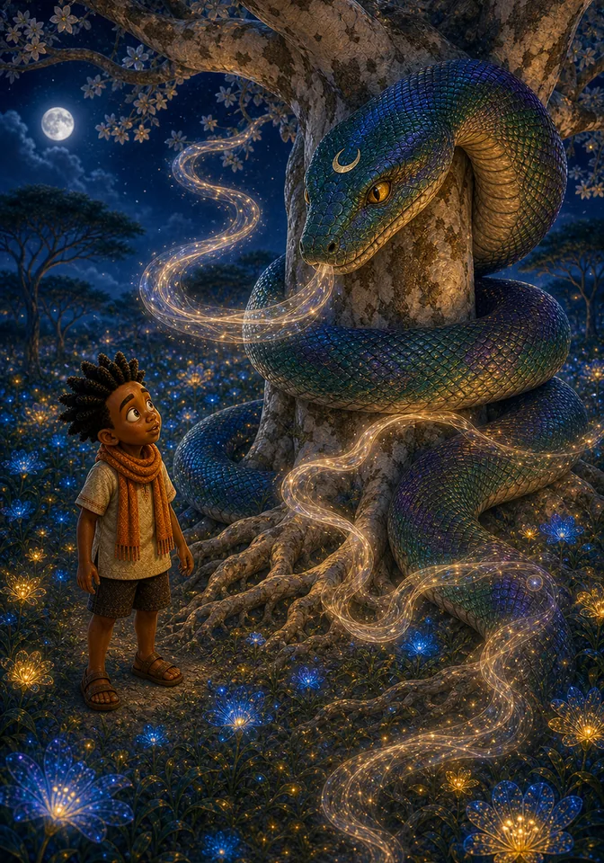 Kweku sees the crescent-marked serpent singing around the tree.