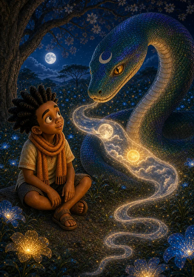 The serpent explains the Lullaby of Time to Kweku.