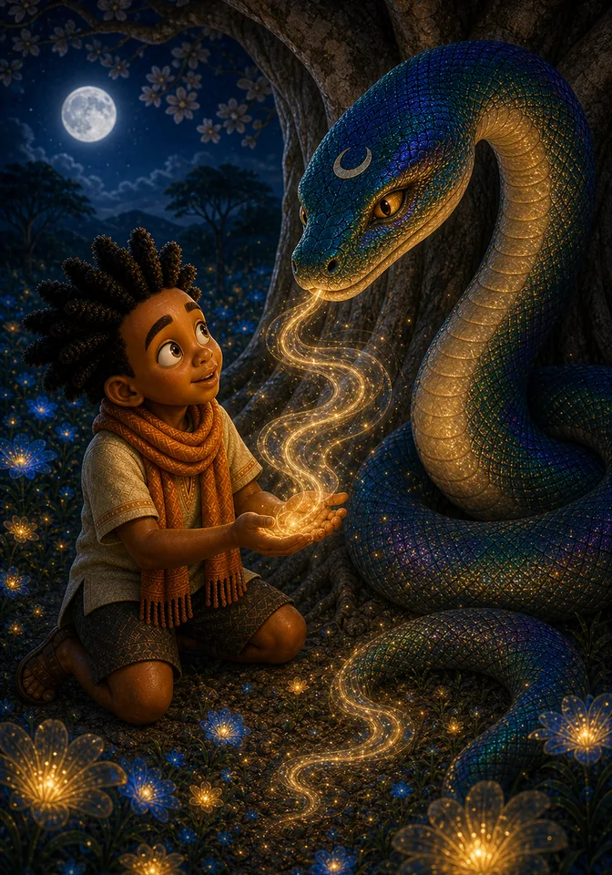 The serpent teaches Kweku one verse with a warning.