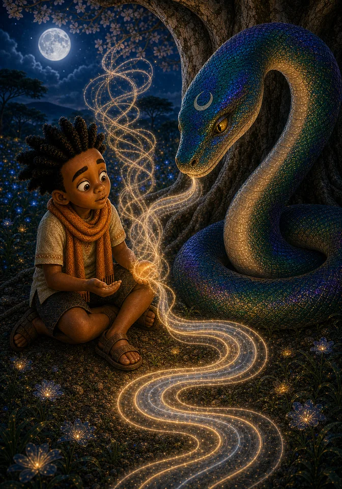 The serpent teaches Kweku to repair the song by listening.