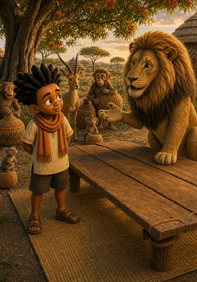 Lion kindly explains the feast rule while Kweku listens beside the empty table.