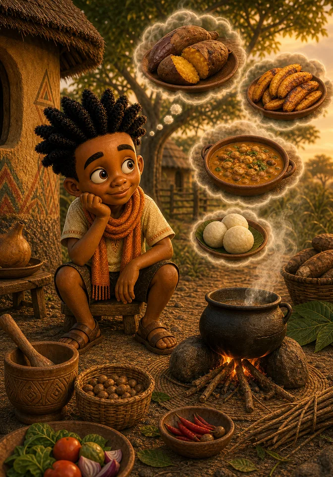Kweku daydreams about feast foods while his cooking area waits unfinished.