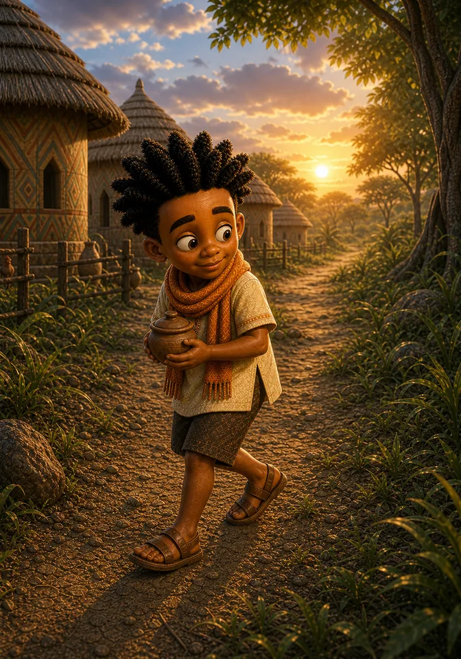 Kweku tiptoes toward the forest at dawn with a small personal clay pot of soup.