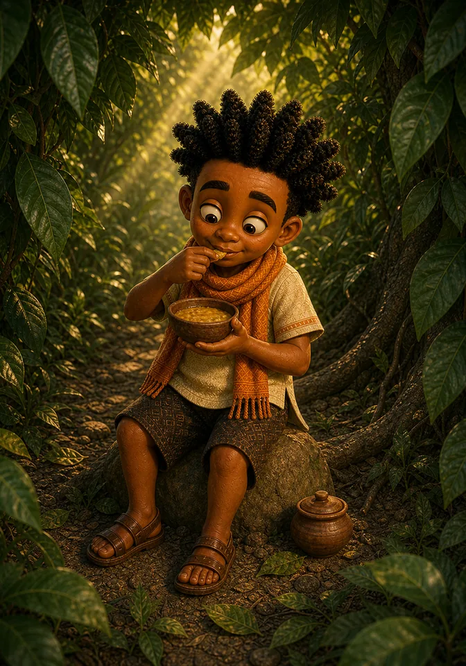 Kweku secretly eats soup in the forest beside the same small clay pot.