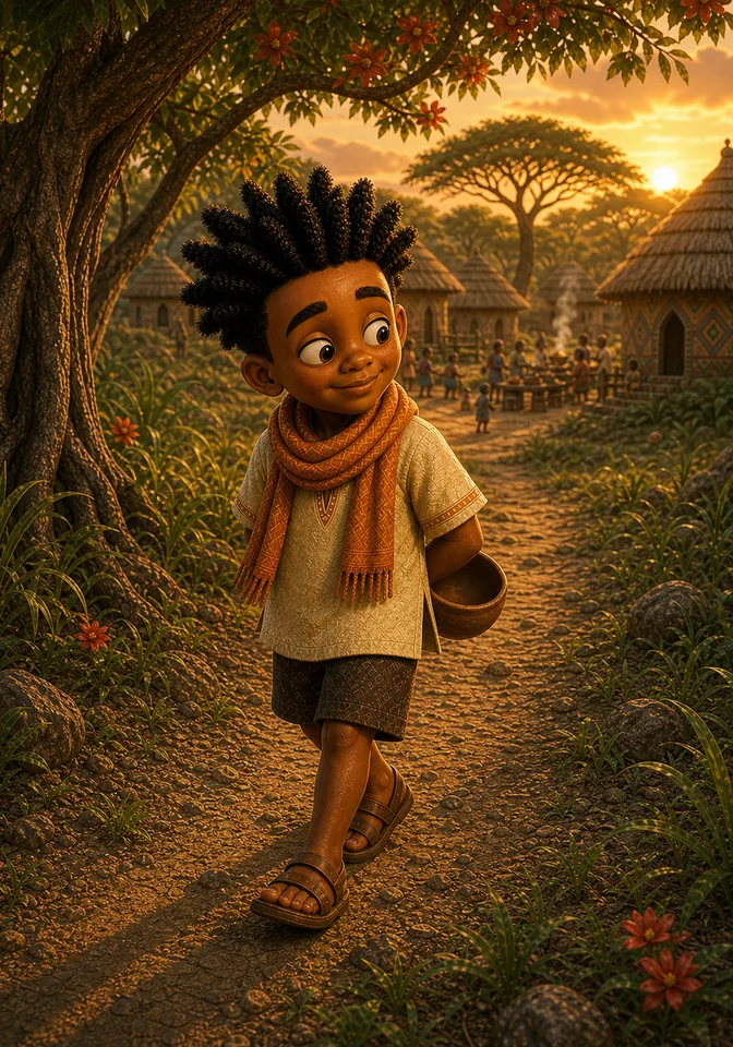 Kweku returns to the village with an empty bowl hidden behind his back.