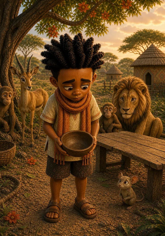 Kweku looks ashamed as he holds his empty bowl beside the bare table.