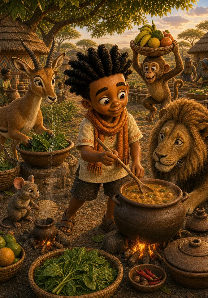 Kweku cheerfully helps the animals prepare food for the feast.
