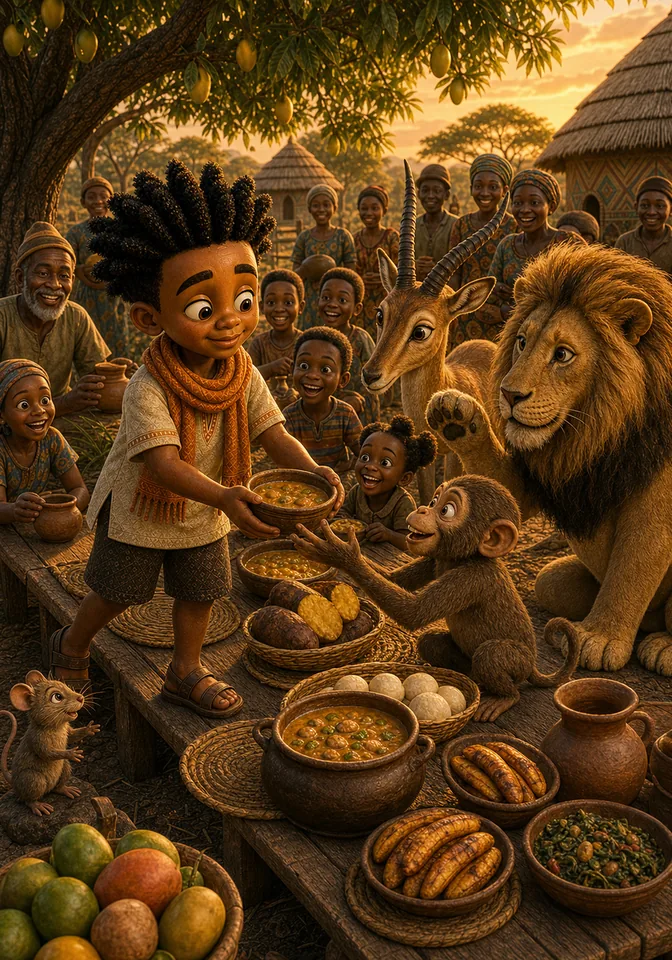 Kweku serves others first at the joyful shared feast.