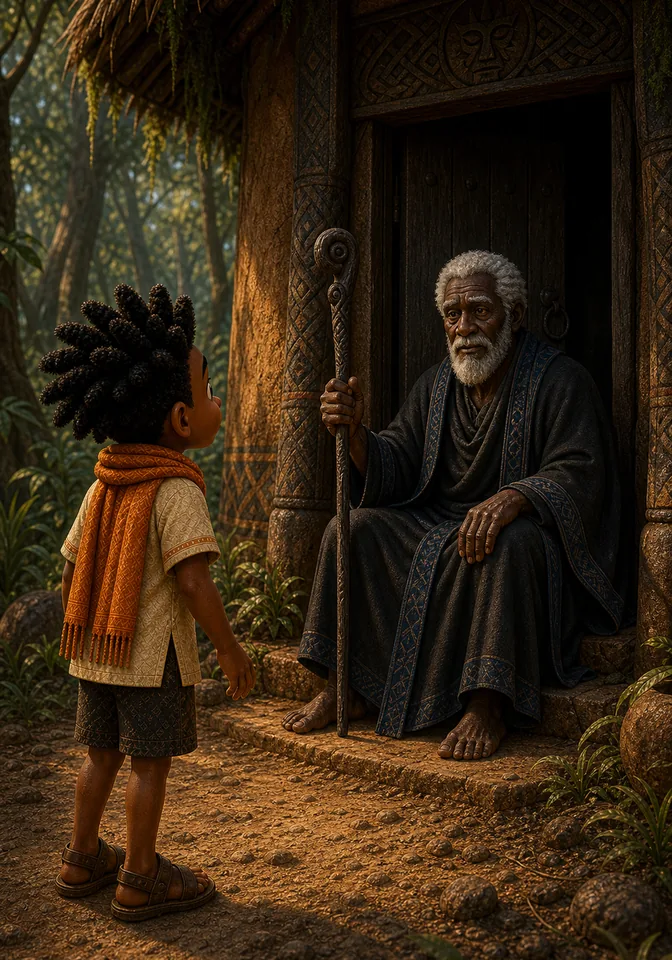 Kweku meets the silent ancient elder at the doorway.