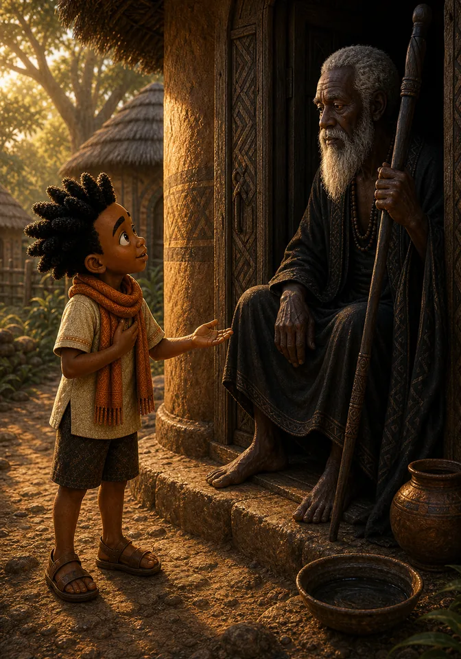Kweku asks the silent elder for water.