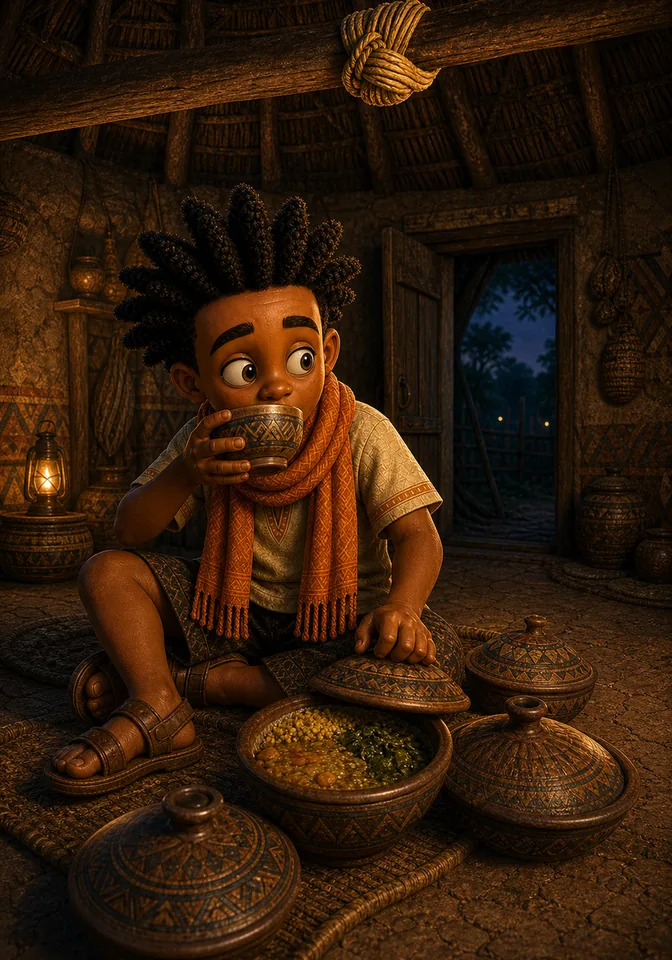 Kweku takes food as the first raffia knot appears.