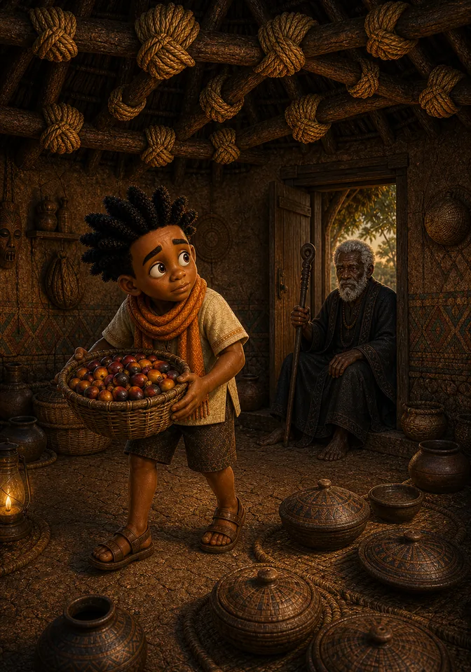 Kweku enters with palm fruit while the ceiling fills with knots.