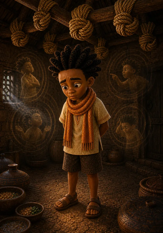 Kweku listens to his excuses beneath the hanging knots.
