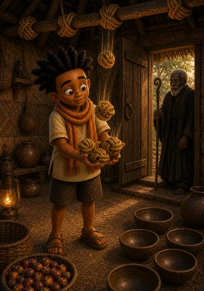 Kweku gathers loosened raffia knots with the empty bowls.