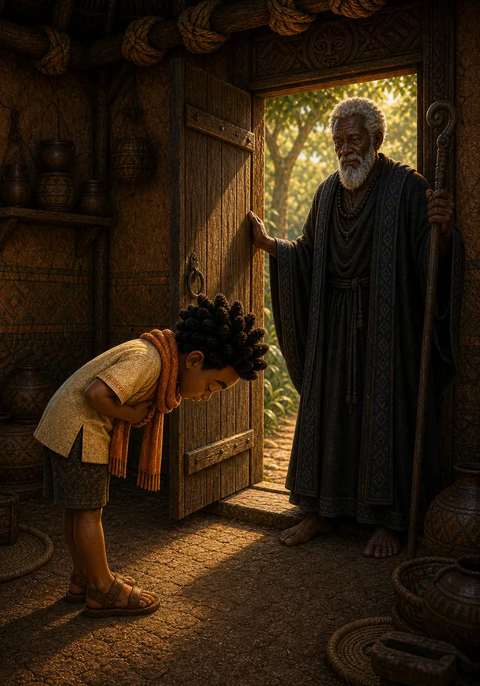 Brother Death opens the door while Kweku bows respectfully.