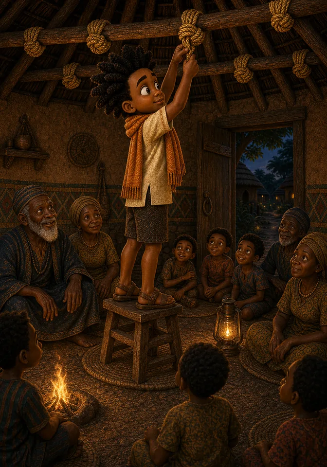 Kweku hangs the raffia knots in the village story hut.
