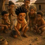 Kweku proudly studies a riddle or path drawing in the village.