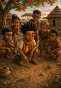 Kweku proudly studies a riddle or path drawing in the village.