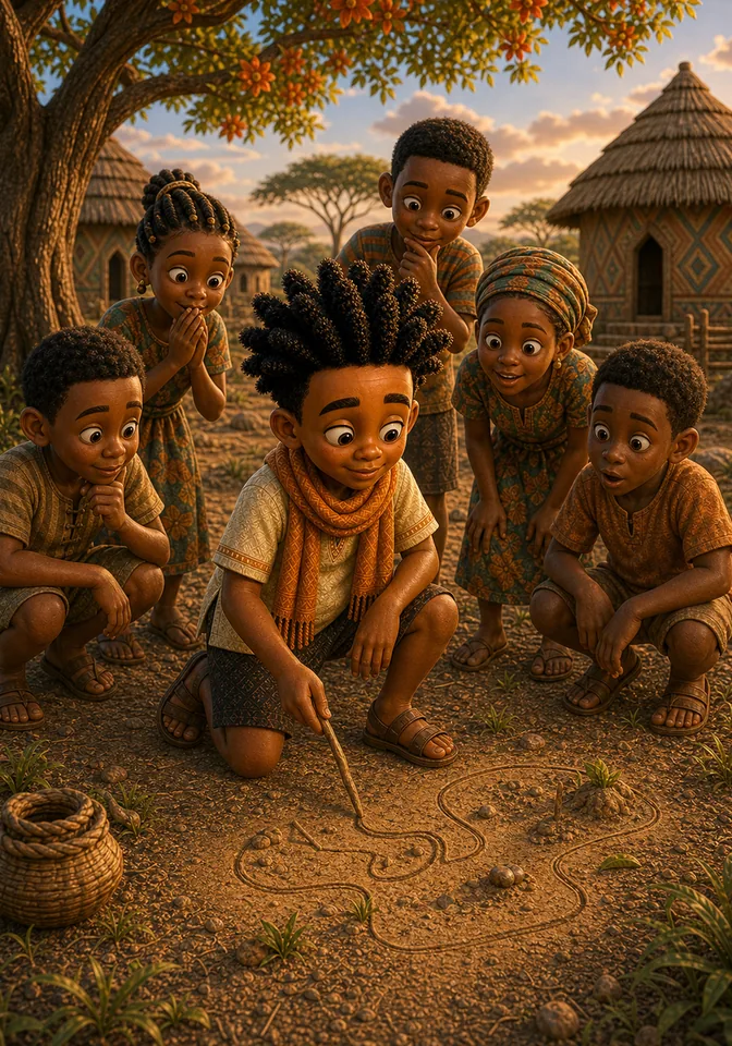 Kweku proudly studies a riddle or path drawing in the village.