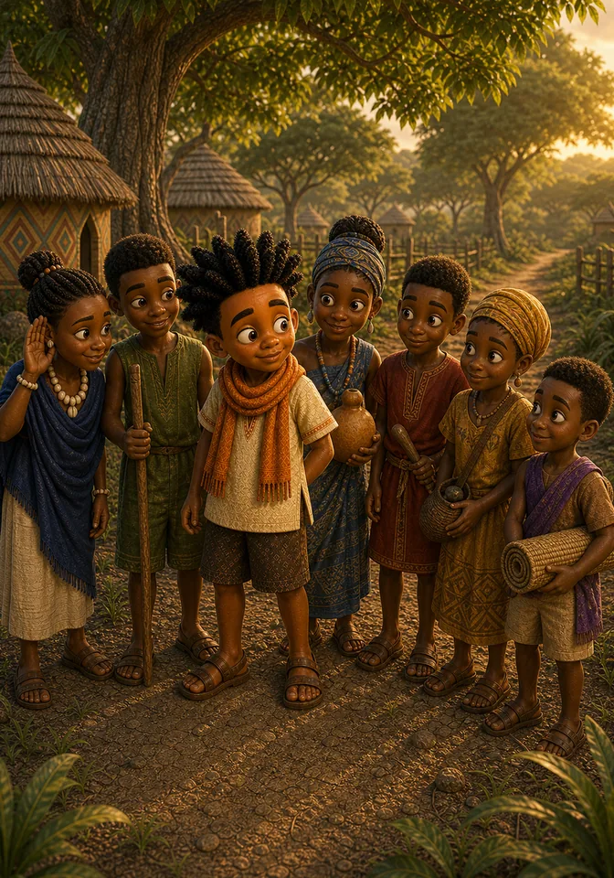 Kweku stands with six helper friends, each showing a different talent.