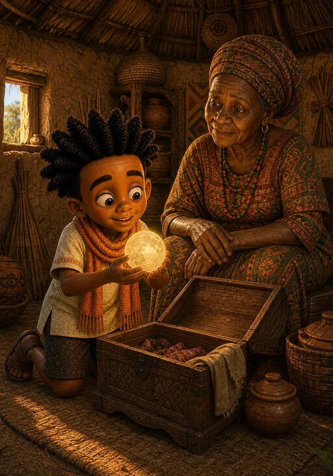 Kweku discovers the glowing Globe of Light in Grandmother's old chest.