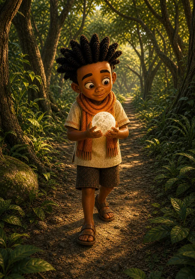 Kweku carries the glowing globe into the forest.