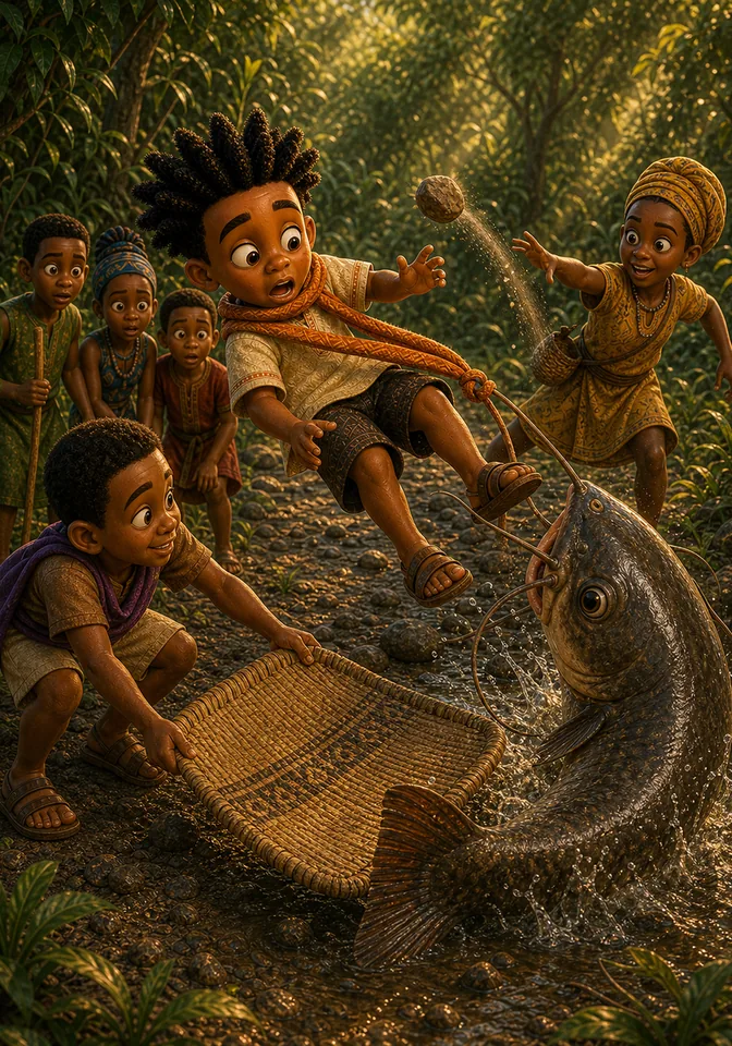 Adwoa startles the same huge whiskered fish while Ebo catches Kweku with a woven mat.
