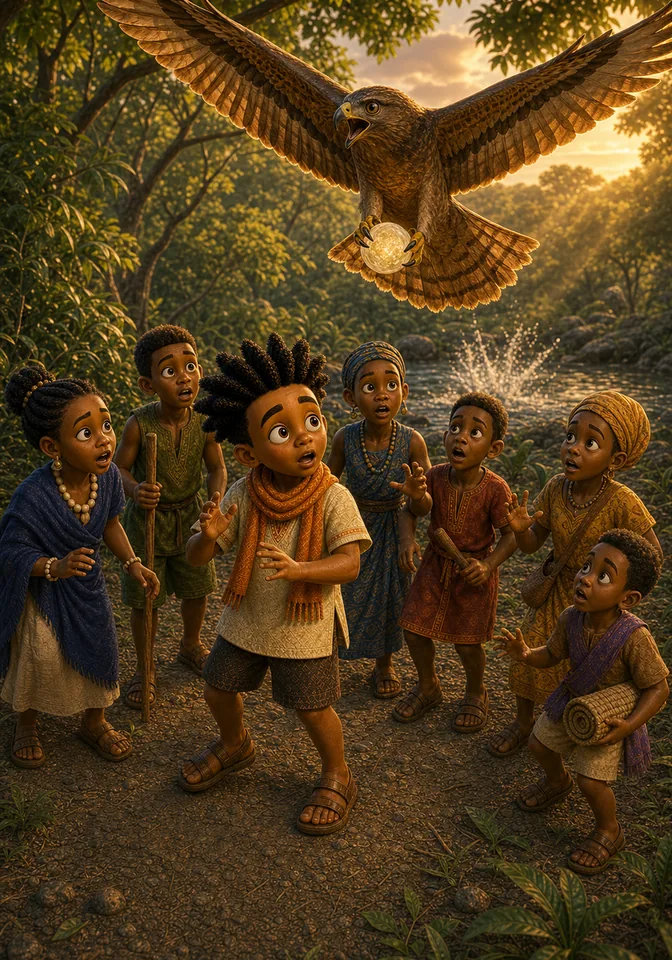 A kite bird snatches the glowing globe as Kweku and the helpers react.