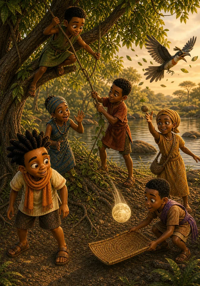The helpers make the same brown-gold kite drop the globe toward Ebo's waiting mat.