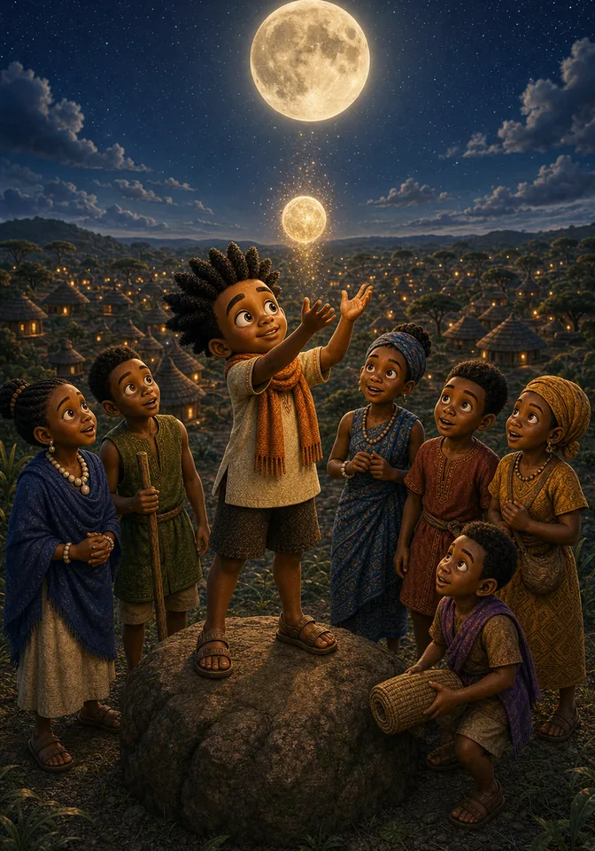 The single Globe of Light rises from Kweku into the sky as the first full moon.