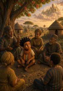 Kweku listens to elders as the Sky Kingdom glows faintly above the clouds.